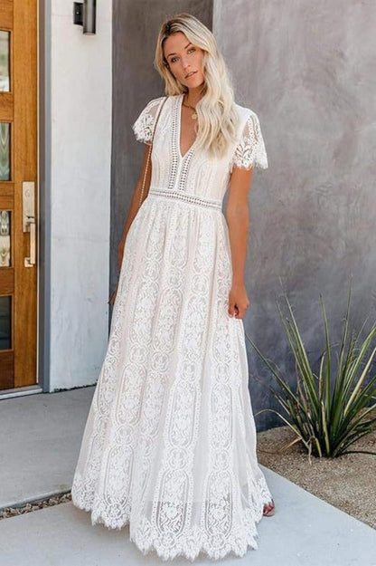 Lace V Neck Short Sleeve Hollow Out Boho Dress
