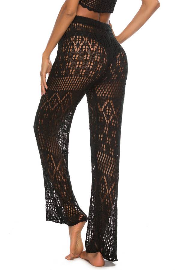 Multi-Color Hollow Crochet Drawstring Waist Wide Leg Beach Pants