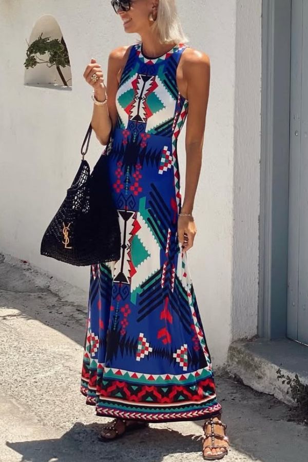 Unique Printed Round Neck Sleeveless Holiday Maxi Dress