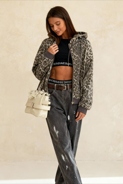 Leopard Print Zip Color-Block Hoodie