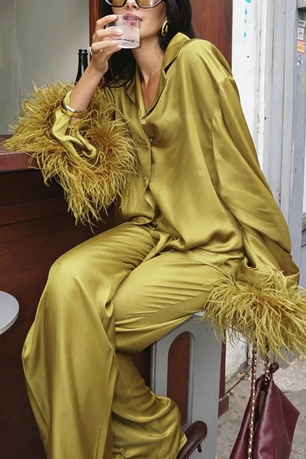 Festive Satin Feather Bell Sleeve Shirt and Elastic Waist Pocket Loose Pants Set