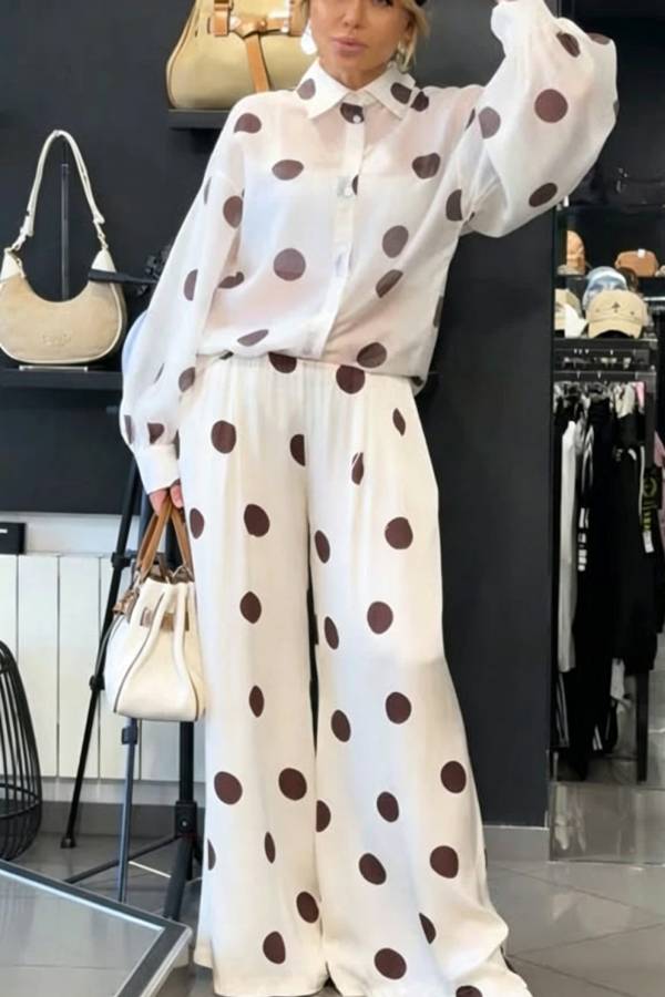 Grazia Polka Dot Sheer Long Balloon Sleeve Shirt and Elastic Waist Pocket Wide Leg Pants Set