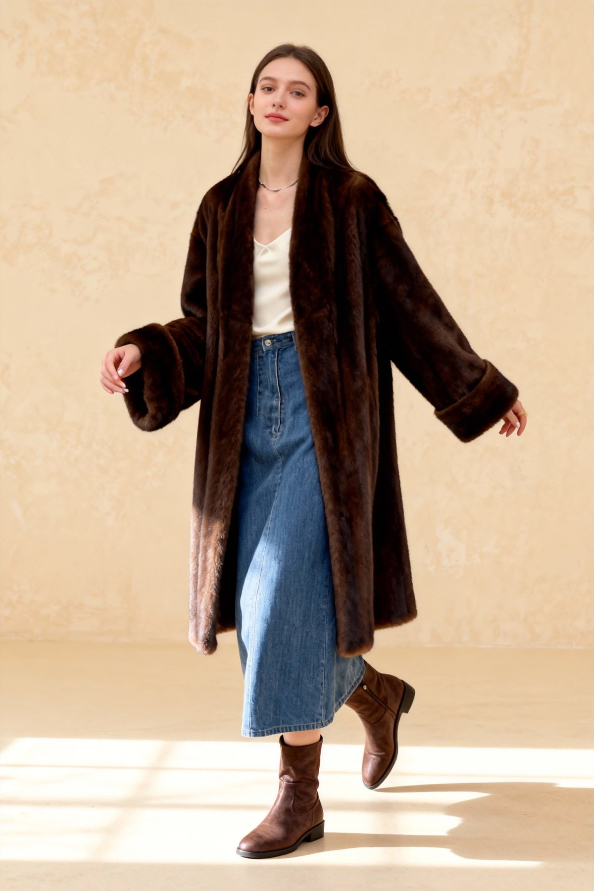 Imitation Mink Lapel Full Sleeve Overcoat