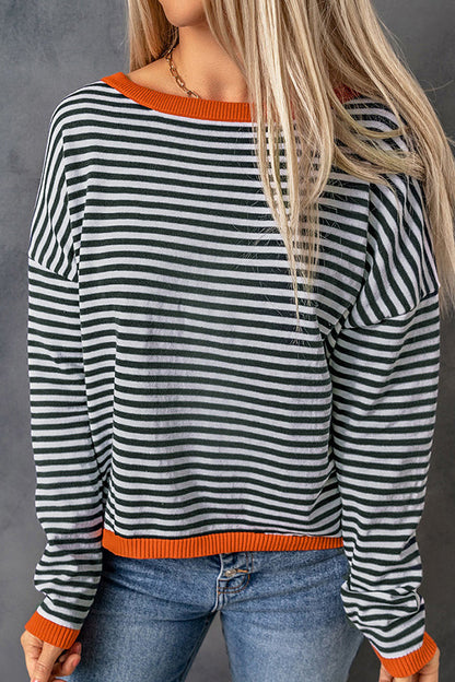 Striped Color Contrast Dropped Shoulder Long Sleeve Top