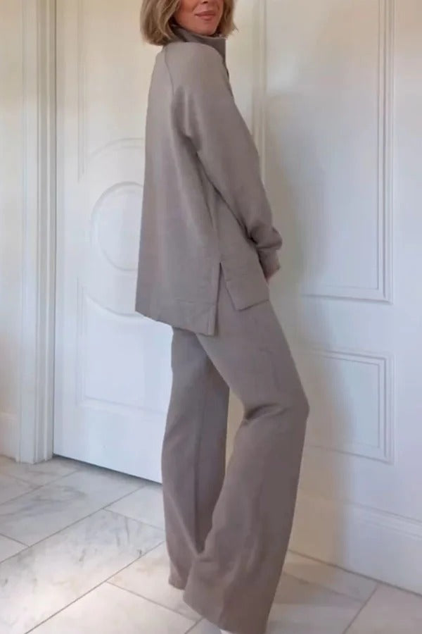 Alfia Ribbed Stand Zipper Neck Long Sleeve Sweatshirt and Button Elastic Waist Pocketed Loose Pants Set