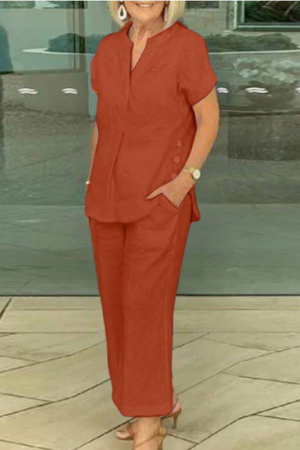 V-Neck Linen Casual Cropped Pants Set