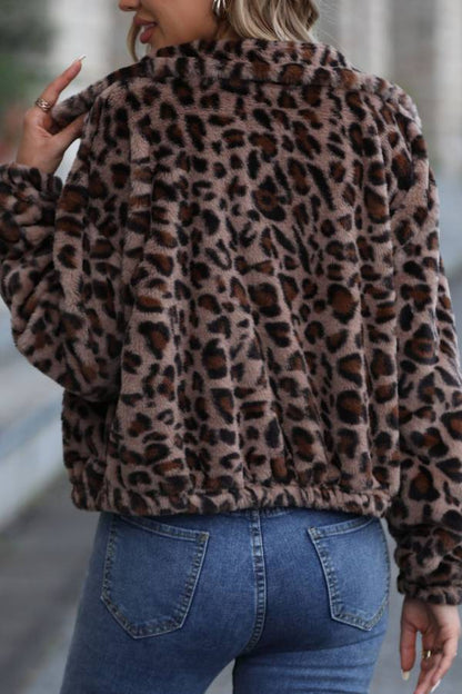 Leopard print faux fur short jacket