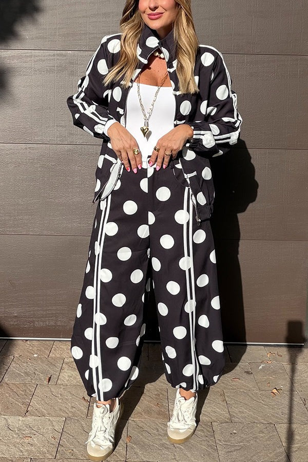 Napoleon Colorblock Polka Dot Zipper High Neck Chinese Style Buttons Pocket Sporty Jacket