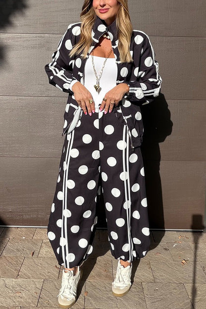 Napoleon Colorblock Polka Dot Zipper High Neck Chinese Style Buttons Pocket Sporty Jacket