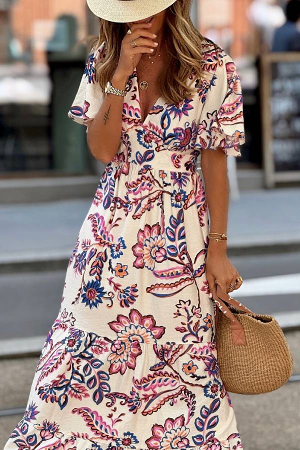 Bohemian Floral Print V-Neck Waist-Tiered Maxi Dress