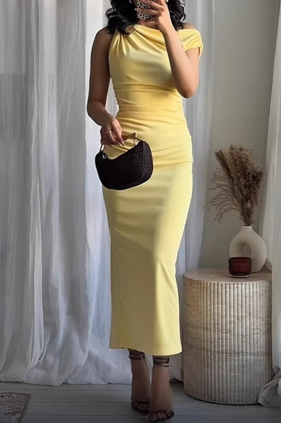 Asymmetrical Shoulder Ruched Sleeveless Bodycon Formal Dress