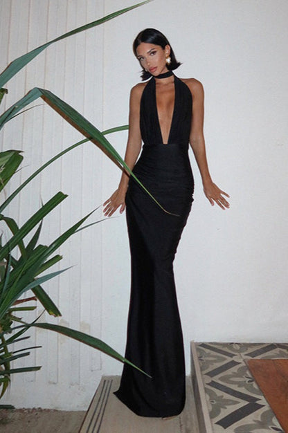 V Neck Halter Backless Solid Slit Formal Dress
