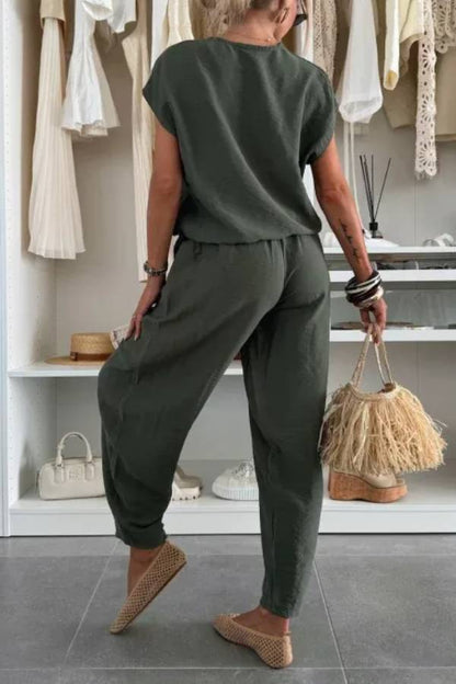 Leva Linen Blend Drawstring Short Sleeve Top and Elastic Waist Pocket Loose Tapered Pants