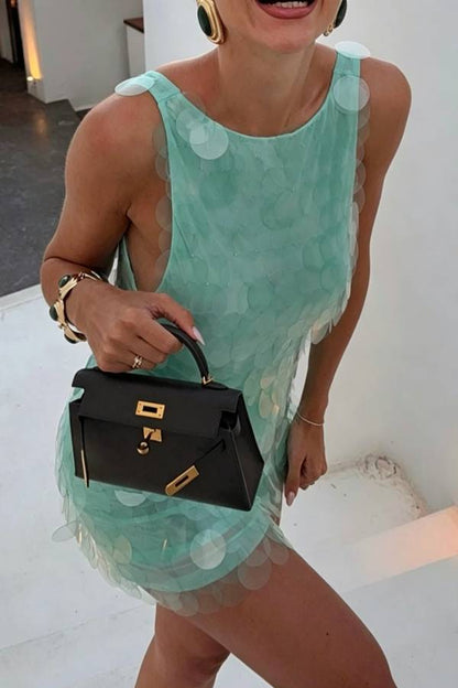 Shimmer and Glisten Sequin Boat Neck Sleeveless Open Back Mini Dress