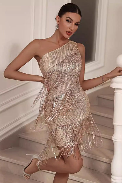 Asymmetric Shoulder Sequin Tassel Bodycon Cocktail Dress