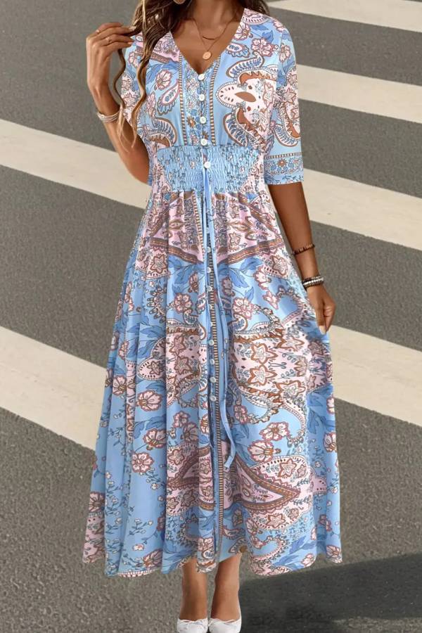 Smocked Printed Half Sleeve Dress