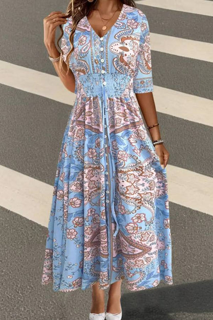 Smocked Printed Half Sleeve Dress