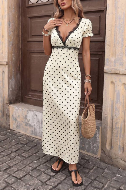 French Polka Dot Lace Trim V-Neck Puff Sleeve Maxi Dress