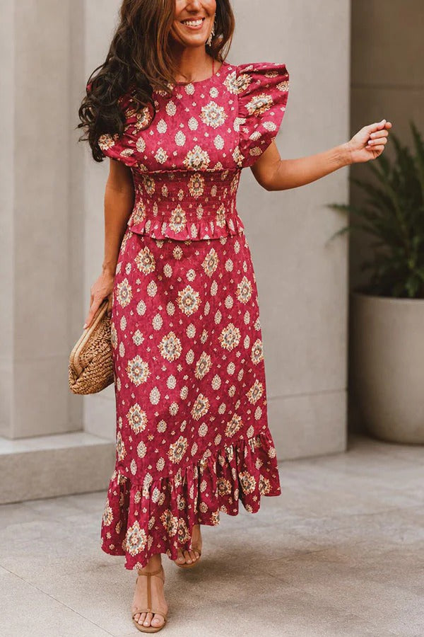 Emilia Unique Print Flutter Sleeve Smocked Top and Elastic Waist Maxi Skirt Set