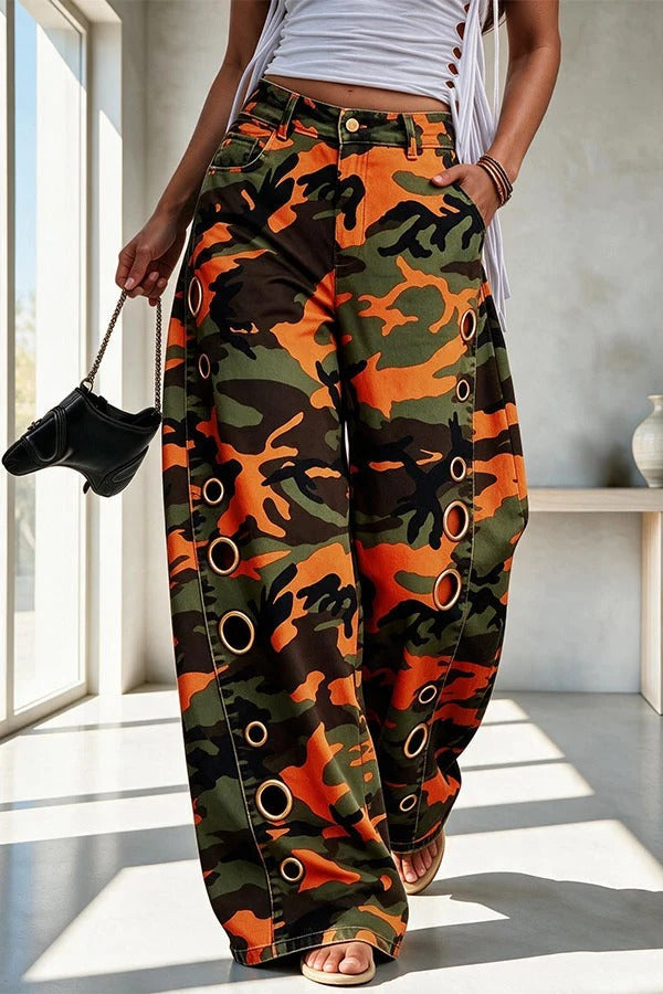 Faux Denim Unique Print Mid Rise Silver Stud Detail Pocket Barrel Pants