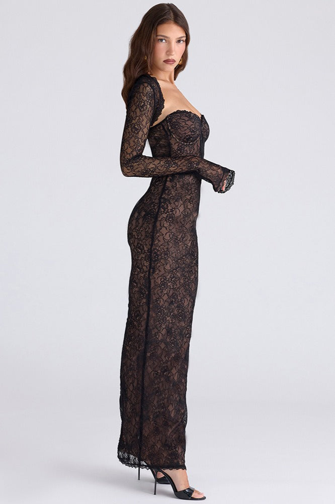 Lace Long Sleeve Crop Top Bodycon Floral Dress Set