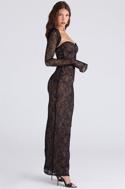 Lace Long Sleeve Crop Top Bodycon Floral Dress Set