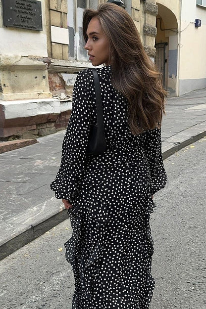 Polka Dot Deep V-Neck Long Sleeve Tiered Ruffle Maxi Dress
