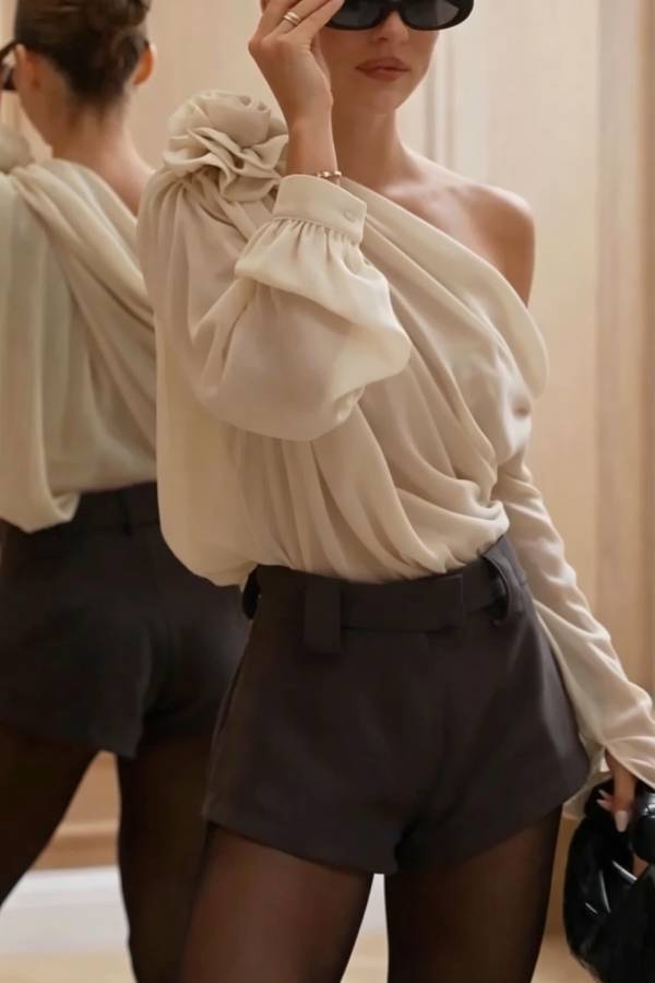 Nayla Chiffon 3D Floral One Shoulder Long Balloon Sleeve Drape Blouse