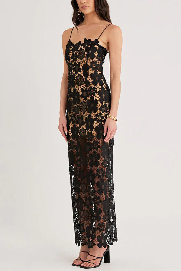 Feel Luxurious and Beautiful Crochet Flower Lace Maxi Dress
