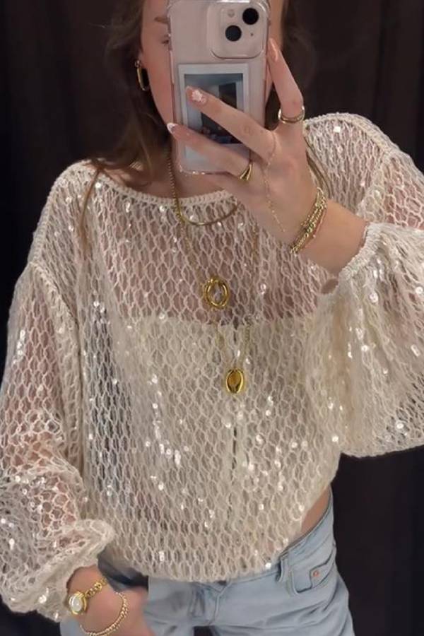 Shimmering Sequin Openwork Lantern Sleeve Blouse