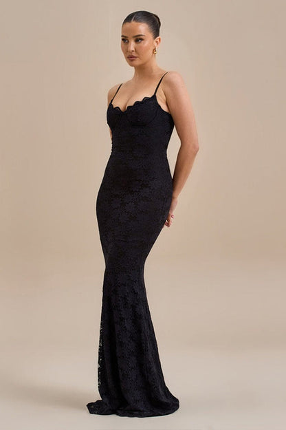 Spaghetti Strap Sweetheart Lace Bustier Mermaid Maxi Dress