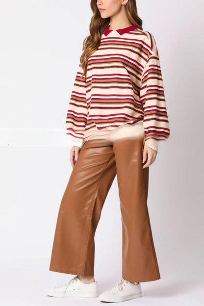 Striped Lapel Long-sleeved Top Loose Casual Sweatshirt