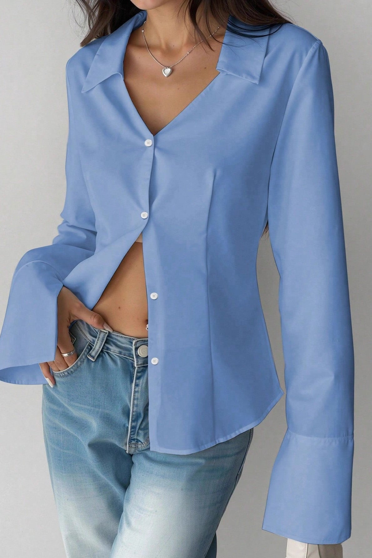 Slim Fit Flare Sleeve V Neck Blouse