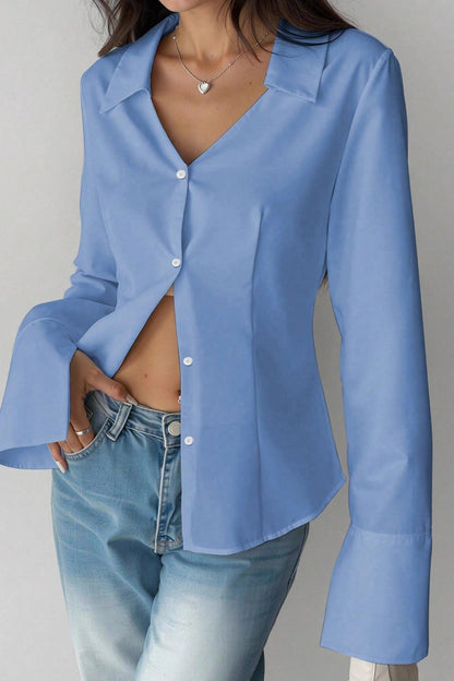 Slim Fit Flare Sleeve V Neck Blouse