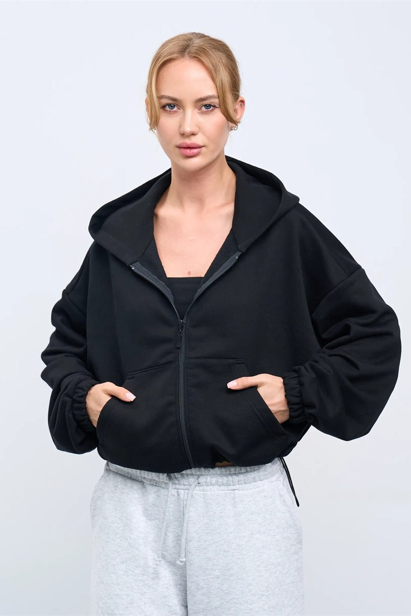 Cropped Fleece Zip Adjustable Waist Hoodie