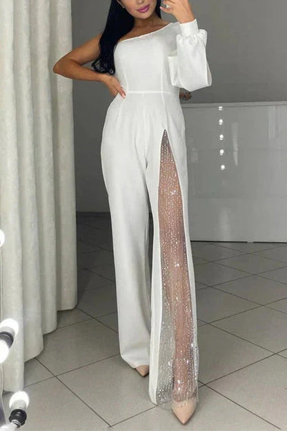 Stylish One Shoulder Slit Long Sleeve Mesh Splice Wide Leg Jumpsuit