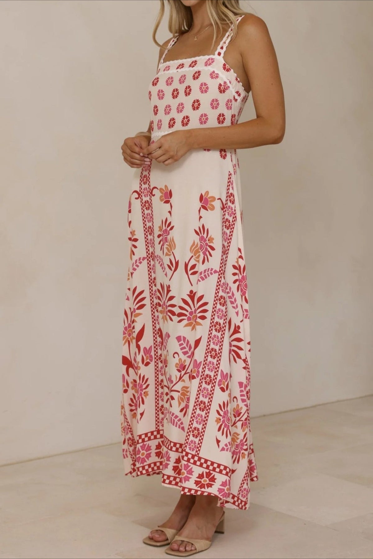 Linen Lace Trim Spaghetti Strap Boho Dress