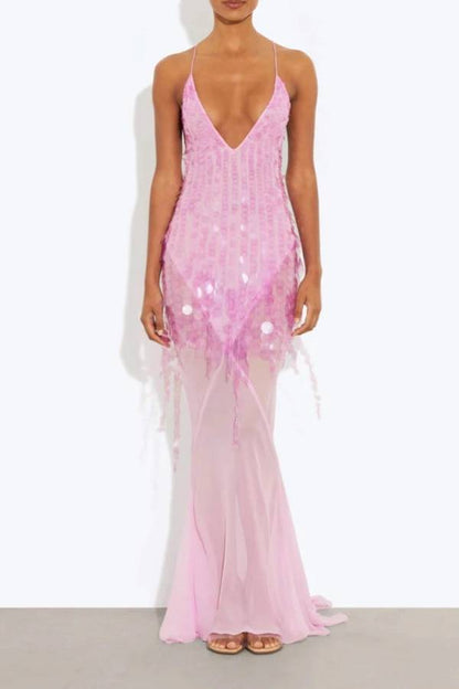 Deep V Neck Sequins Fishtail Hem Backless Gowns Slip Maxi Dresses-Yellow