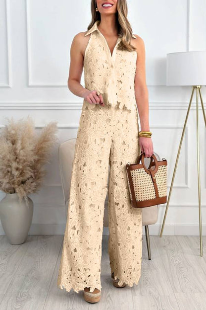 Halter Collared Lace Cut-Out Wide-Leg Pants Set