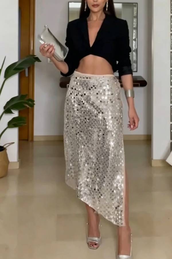 Multiple Ways To Wear Sequin Side Slit Lace-up Irregular Hem Midi Skirt