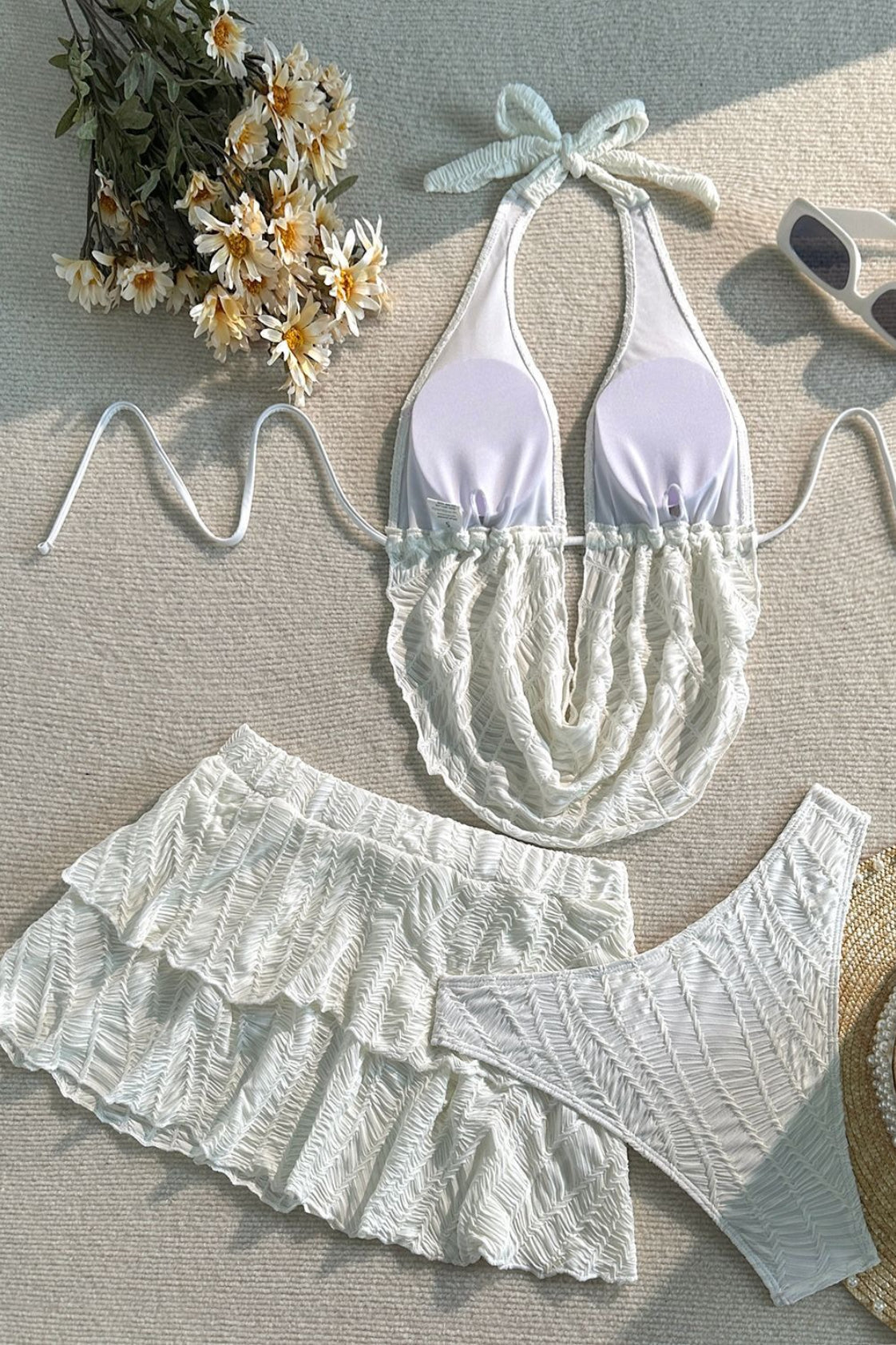 Solid Halter Ruffle Three Piece Swim Set