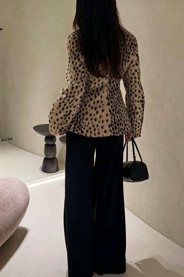 Nasha Faux Fur Leopard Print Button Up Long Sleeve Lapel Jacket