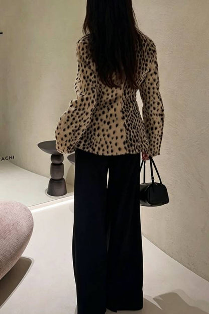Nasha Faux Fur Leopard Print Button Up Long Sleeve Lapel Jacket