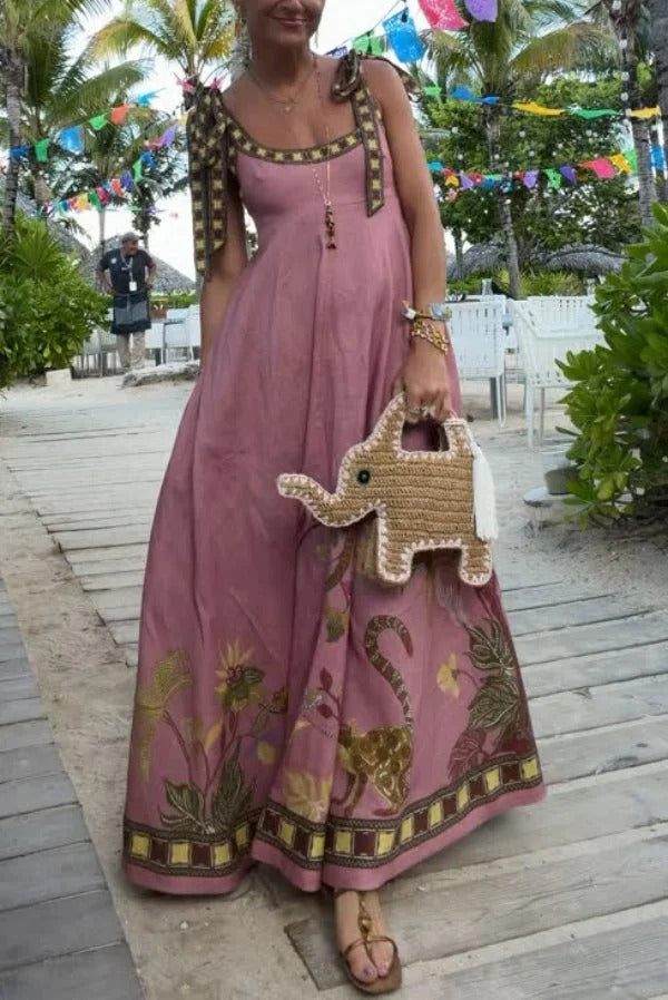 Linen Blend Unique Printed Tie-up Suspenders Pocket Elegant Vacation Maxi Dress