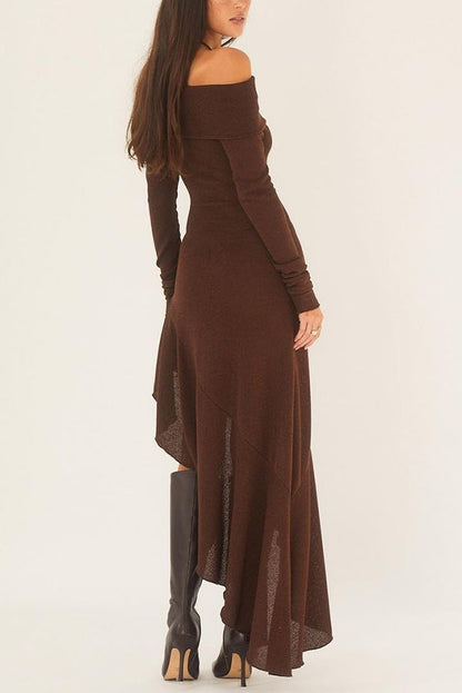 Off Shoulder Long Sleeve Ribbed Knit Asymmetric Drape Hem Maxi Dress