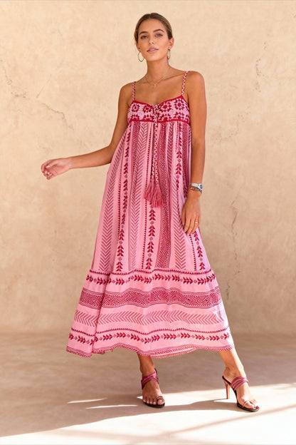 Geometric Crochet Tassel Tie Spaghetti Strap Tiered Maxi Dress