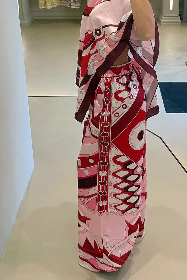 Luxe Resort Satin Unique Print Cape-style Top and Elastic Waist Pocket Wide Leg Pants Set
