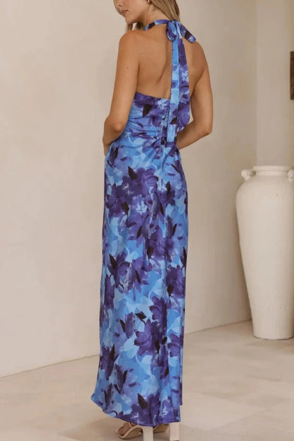 Floral Print Sleeveless Halter Neck Tie Holiday Maxi Dress