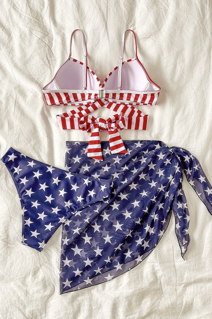 US Flag Printed Strappy Three Piece Swim Set