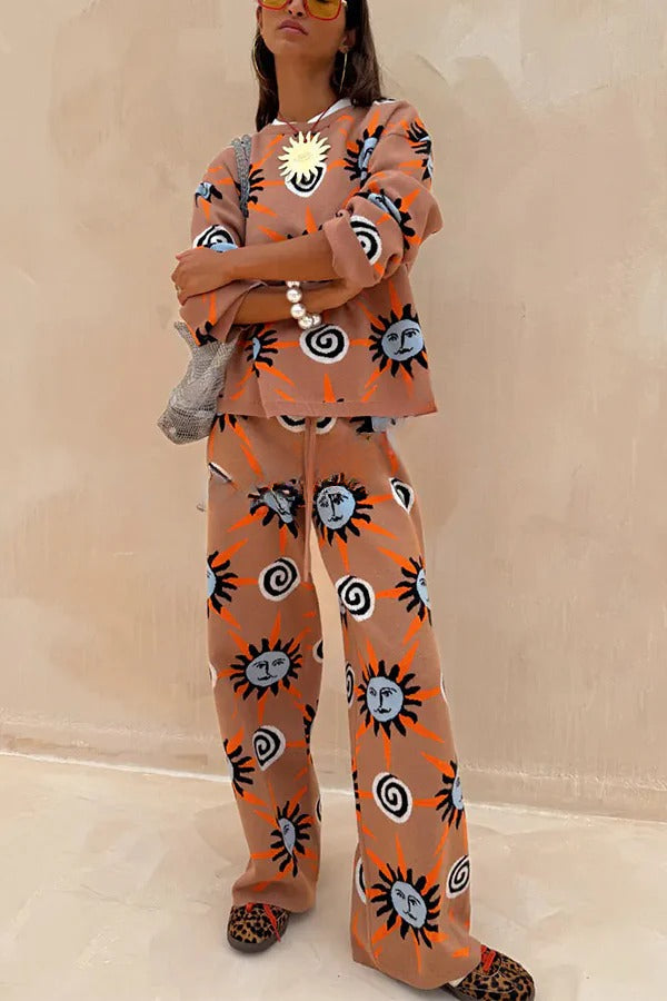 Mediterranean Art Knit Unique Sun Vortex Print Elastic Waist Wide Leg Pants